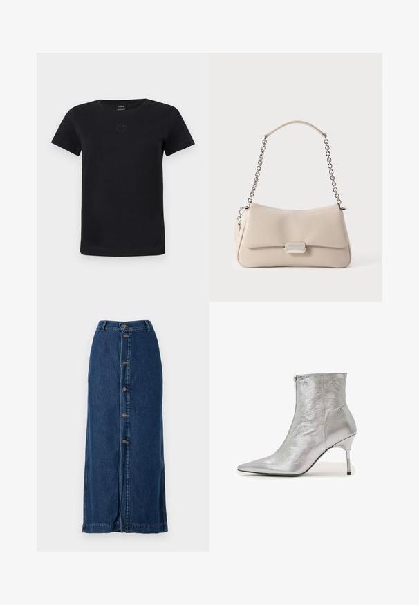 Sort T-shirt med korte ærmer og rund hals, med et lille, diskret logo centreret nær halsudskæringen.; Mørkeblå denim-maxiskørt med knaplukning foran og sideslids, med en lige silhuet og syet kant.; Sølvmetallic ankelstøvle med spids tå, sidelukning med lynlås og smal stiletthæl med sort spids på hvid baggrund.; Beige håndtaske med blød, buet form, der har en glat tekstur, en sølvfarvet lukning og en kæderem.