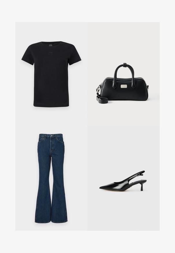 T-shirt noir à manches courtes et col rond avec un petit logo discret centré près de l'encolure.; Jeans évasés bleu foncé en denim. Dotés d'une taille haute, de cinq poches et d'une couture contrastante. Texture lisse et finition soignée.; Escarpins à talons slingback en cuir verni noir avec un bout pointu, un talon fin et une sangle réglable. Texture lisse avec un détail minimal.; Sac à main rectangulaire en cuir noir avec deux poignées, bandoulière amovible et petite plaque logo de la marque en argent sur le devant.