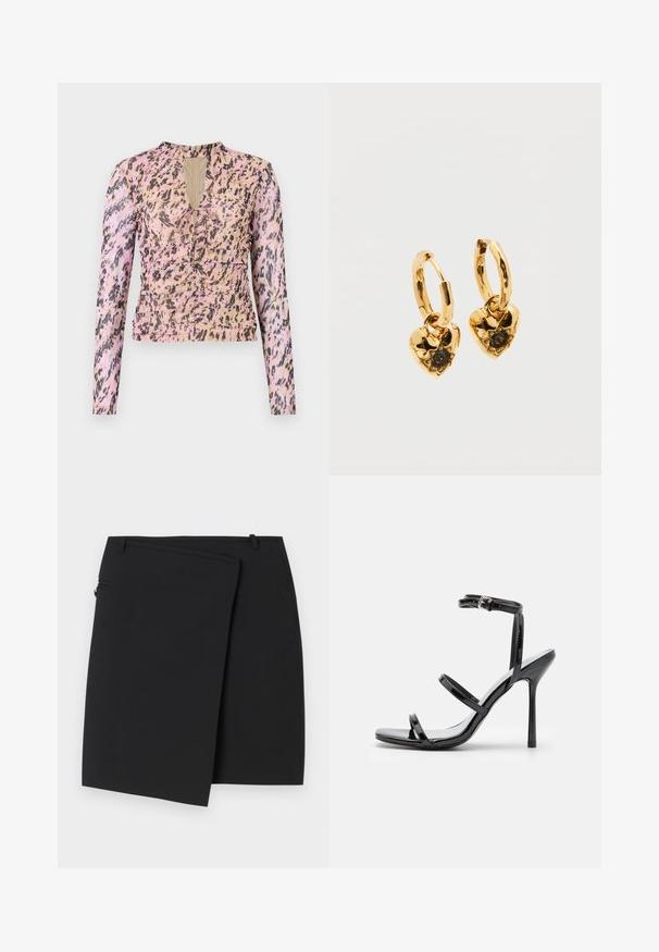 Langærmet top i pink og beige med leopardmønster. Har en nøglehul-udskæring, ruchede sider og en tætsiddende design. Lavet af glat stof.; Sort omslag nederdel med en glat tekstur, der har en lynlås i siden og to bæltestropper. Simpelt design uden synlige mønstre eller detaljer.; Sorte patentlæder højhælede sandaler med tre horisontale stropper og en justerbar ankelstrop. Elegant silhuet og skinnende finish.; Guld øreringe med hjerteformede vedhæng. Hvert hjerte har en tekstureret overflade og en central sort ædelsten i en fæstning med klør.