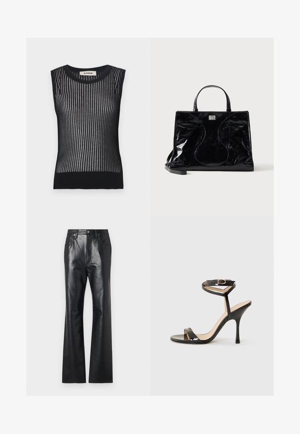 Top negro sin mangas de punto con rayas verticales y una textura semi-translúcida. Confeccionado en material suave y elástico para una silueta ajustada.; Pantalones de cuero negro con una textura suave, diseño de pierna acampanada, cremallera frontal y pasadores para cinturón. Presentan sutiles detalles en la costura.; Sandalia de tacón alto de charol negro con tira delgada en el tobillo y hebilla, punta abierta y tacón aguja esbelto sobre fondo blanco.; Bolso de mano de piel negra brillante con asas cortas, bandolera desmontable y detalles sutiles de costuras curvas en la parte delantera.
