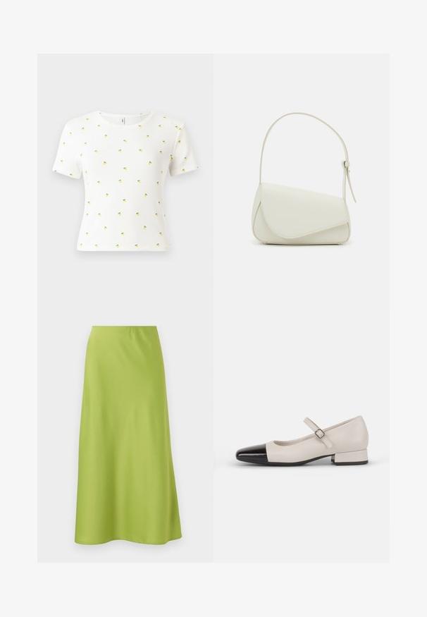 T-shirt blanc à manches courtes en tissu côtelé, arborant un motif éparpillé de petits ananas jaunes avec des feuilles vertes.; Jupe mi-longue en tissu lisse et vibrant vert lime. Présente un design simple et ajusté avec une taille élastique et une silhouette fluide.; Chaussure de style Mary Jane en cuir crème avec un bout en vernis noir. Présente un bout rond, une sangle de cheville avec une boucle carrée et un petit talon carré.; Sac à main en cuir synthétique blanc avec une forme triangulaire structurée, une bandoulière unique réglable et un rabat à courbes accentuées.
