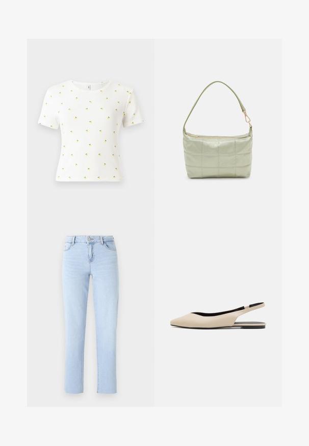 Hvid kortærmet T-shirt lavet af ribbet stof, med et spredt mønster af små gule ananaser med grønne blade.; Lyseblå lige ben jeans lavet af denim, med en standard talje, fem lommer og subtile sømdetaljer.; Beige læder slingback flade sko med spidse tæer, minimalisk design, glat tekstur og en lav sort sål.; Polstret grøn skuldertaske med blød tekstur, rektangulær form, enkelt strop og lynlås i guldtoner. Har et quiltet mønster.