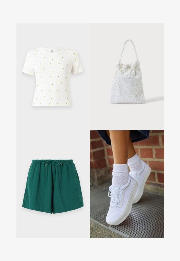 T-shirt blanc à manches courtes en tissu côtelé, arborant un motif éparpillé de petits ananas jaunes avec des feuilles vertes.; Shorts verts, légers, avec une taille élastique et un cordon de serrage. Présente un tissu texturé avec une apparence douce et froissée.; Baskets en toile blanches avec semelles en caoutchouc, dotées de six œillets, d'un bout rond et de détails de couture légers, portées avec des chaussettes blanches mi-mollet.; Sac cabas en tissu blanc avec broderie florale en dentelle et anse supérieure froncée, présenté sur un fond clair uni.