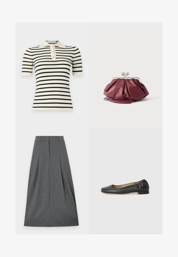 Polo à manches courtes côtelées avec une base crème et des rayures horizontales noires. Comprend également trois boutons dorés et un col.; Jupe plissée grise avec une ceinture ajustée, motif à rayures verticales et silhouette fluide. Texture lisse et longueur au genou.; Ballerines en cuir noir avec un bout arrondi et des coutures minimales. Talon bas et rectangulaire avec une texture lisse. Détails subtils de doublure intérieure.; Petite pochette en cuir bordeaux avec fermoir en métal argenté et bracelet pour poignet sur fond blanc.