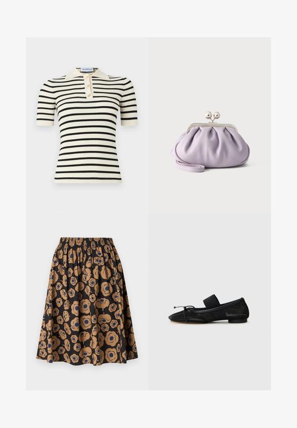 Ribbed short-sleeve polo shirt featuring a cream base with black horizontal stripes. Also includes three gold-tone buttons and a collar.; Black skirt with an elastic waistband featuring a tan and blue floral pattern and a flared, gathered silhouette.; Black flat shoe with a pointed toe, made of textured fabric, featuring a bow accent and a small, round heel. Elastic strap at the ankle.; Soft lavender clutch purse with gathered fabric, silver kiss-lock clasp, and matching wrist strap on a plain light background.