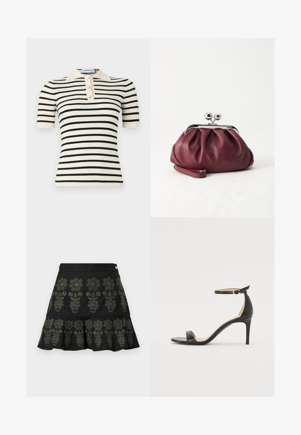 Polo à manches courtes côtelées avec une base crème et des rayures horizontales noires. Comprend également trois boutons dorés et un col.; Jupe noire avec broderie florale en gris foncé. Elle présente un ourlet évasé et une taille structurée avec une fermeture à pression métallique.; Sandale à talons hauts en cuir noir avec une lanière de cheville. Présente une texture lisse, un bout ouvert et un talon fin. Détail de boucle en ton doré.; Petit sac pochette en cuir bordeaux avec fermoir métallique argenté et bracelet sur fond blanc.