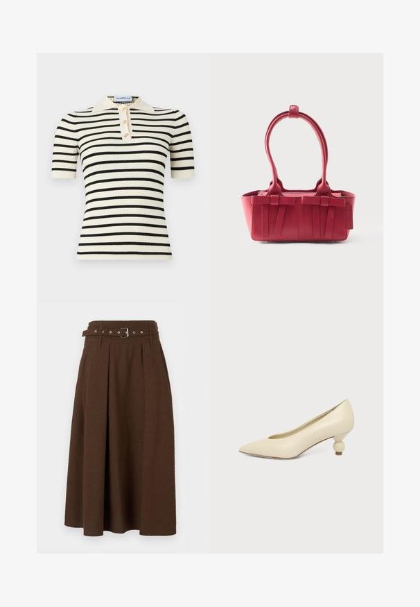 Polo à manches courtes côtelées avec une base crème et des rayures horizontales noires. Comprend également trois boutons dorés et un col.; Jupe midi trapèze marron foncé avec taille haute, plis, passants de ceinture et ceinture assortie avec boucle argentée.; Chaussure femme couleur crème à bout pointu avec un petit talon rond en forme de boule, sur fond uni.; Sac à main en cuir rouge avec deux poignées supérieures, nœuds décoratifs à l'avant et une étiquette sur le côté, sur fond blanc.