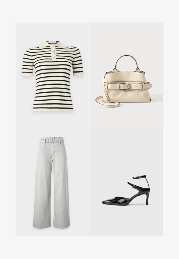 Polo à manches courtes côtelées avec une base crème et des rayures horizontales noires. Comprend également trois boutons dorés et un col.; Jean gris clair taille haute à jambes larges, avec poches avant, passants de ceinture et ceinture en tissu assortie avec boucle.; Talons en cuir verni noir avec un bout pointu, des sangles de cheville ajustables et un talon fin. Texture lisse avec une finition brillante.; Sac à main en cuir crème avec poignée supérieure, bandoulière réglable et large ceinture avec boucle argentée sur le devant.
