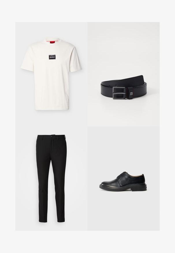 Hvid kortærmet T-shirt med rund hals og en lille sort rektangulær patch med hvid "HUGO" tekst på brystet.; Sorte bukser med slim fit, der har en knaplukning, lynlås og to forlommer. Glat stof med mat overflade.; Sorte læder oxford sko med rund tå, snørebånd foran og lav, stablet hæl på lys baggrund.; Sort læderbælte med en glat finish, metalspænde og røde syninger. Har et logo nær spænderet og flere justeringshuller.