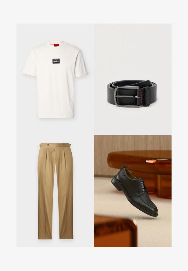 T-shirt blanc à manches courtes avec col rond, doté d'un petit patch rectangulaire noir et du texte blanc "HUGO" sur la poitrine.; Pantalon beige à coupe droite, avec des plis, une fermeture à boutons et des passants pour ceinture. Tissu lisse avec un aspect net et ajusté.; Chaussure habillée noire en cuir à lacets avec devant texturé, flottant au-dessus d'un tapis beige dans une pièce moderne avec des meubles teintés d'ambre.; Ceinture en cuir noir avec une boucle argentée et des coutures rouges, enroulée sur un fond clair uni.