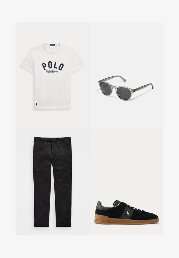 Weißes kurzärmeliges T-Shirt mit marineblauem "POLO Ralph Lauren"-Text auf der Brust und einem kleinen navyfarbenen Polo-Spieler-Logo nahe dem Saum.; Schwarze Chinos mit geradem Bein, aus einem Baumwollmischgewebe, mit Reißverschluss, Gürtelschlaufen und Seitentaschen. Glatte Textur.; Schwarzer Sneaker mit niedrigem Schaft, weißen Schnürsenkeln, brauner Gummisohle und goldenem Polo-Logo an der Seite und an der Fersenlasche.; Transparente graue Sonnenbrille mit dunklen Gläsern, rundem Rahmen und grünen Akzenten an den Bügeln. Sie verfügt über eine polierte Oberfläche für eine glatte Textur.