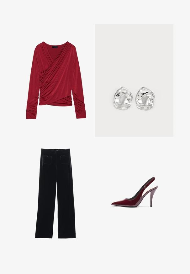 Top rojo de mangas largas con diseño envolvente y tela drapeada, detalles de fruncido en los lados y un escote redondeado. Material suave y elástico.; Pantalones de terciopelo negro de pierna ancha con dos bolsillos traseros y una textura suave, con un corte recto y un acabado dobladillo en los tobillos.; Zapatos de tacón slingback de charol burdeos con punta afilada, alto tacón de aguja y una textura suave y elegante. Detalle de correa ajustable.; Pendientes de studs en forma abstracta de plata con un acabado pulido, que presentan curvas suaves y contornos sutiles. Sin patrones o acentos visibles.
