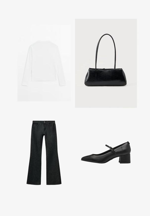 Ren, hvid langærmet skjorte vist fladt, bagsiden synlig, enkel rund halsudskæring, minimalistisk design uden mønstre eller logoer.; Sorte flare jeans lavet af denim, med lukning foran og fire lommer. Stoffet har en glat tekstur med diskret syninger.; Sorte læder lavhælede pumps med spidse tæer, ankelrem og struktureret finish. Simpelt design med en robust blokhæl.; Sort rektangulær skuldertaske med lange tynde stropper og en glat, blank tekstur på en ensfarvet baggrund.