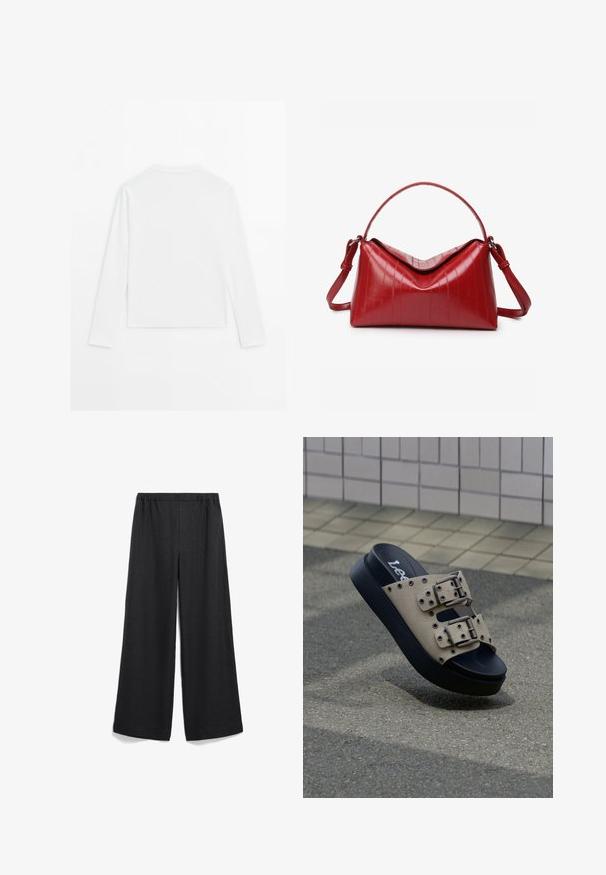 Chemise blanche à manches longues, affichée à plat, côté dos visible, col rond simple, design minimaliste, sans motifs ni logos.; Pantalon noir à jambes larges avec une taille élastique. Fabriqué en tissu léger, présentant une texture lisse sans motifs ni accents visibles.; Sandale à plateforme beige avec semelle noire, deux sangles réglables à boucle et œillets métalliques sur une surface pavée près d'un mur carrelé.; Sac à main rouge en matériau brillant avec une forme structurée. Comprend une poignée incurvée, une bandoulière ajustable et des motifs embossés verticaux.