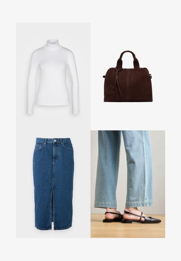 Camisa de cuello alto de manga larga blanca, fabricada en un tejido suave y elástico. Presenta un ajuste ceñido y un collar alto. Sin patrones ni acentos visibles.; Falda vaquera azul de longitud media con abertura central frontal, trabillas para cinturón, bolsillos delanteros y cierre con botón en la cintura.; Zapatos slingback de cuero negro con punta afilada, tacón plano y tira en el tobillo; llevados con jeans de pierna ancha en azul claro.; Bolso de ante marrón con dos asas superiores, un detalle de nudo en la parte frontal y costuras en contraste. Textura suave y forma estructurada.