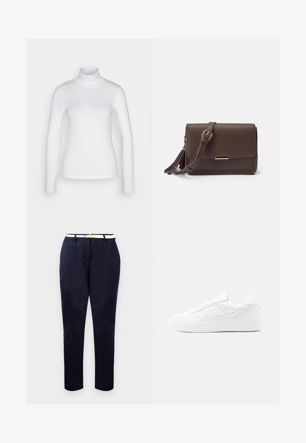 Witte langemouwen turtle neck shirt van een soepel, rekbaar stof. Heeft een strakke pasvorm en een hoge kraag. Geen zichtbare patronen of accenten.; Marineblauwe chinos met een slim fit, van katoen, en een witte riem met een goudkleurige gesp. Gladde textuur, rechte pijpen, minimalistisch design.; Witte lage sneaker met dikke zool, veterontwerp en subtiele stikselaccenten op een effen lichte achtergrond.; Bruine faux leren schoudertas met een flapsluiting, gouden hardware en een zijtassel. Verstelbare schouderband voor veelzijdig gebruik.
