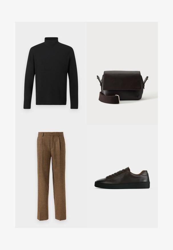 Sort turtleneck skjorte lavet af glat stof. Har lange ærmer og en høj krave. Enkel design uden yderligere mønstre eller accenter.; Brune ternede bukser med løs pasform, der har folder foran, et glat tekstureret stof og et lige ben design.; Lavprofil mørkebrune lædersneaker med sort gummisål, snørelukning foran og glat minimalistisk design på lys baggrund.; Mørkebrun lædertaske med flaplukning og justerbar stofrem på hvid baggrund.