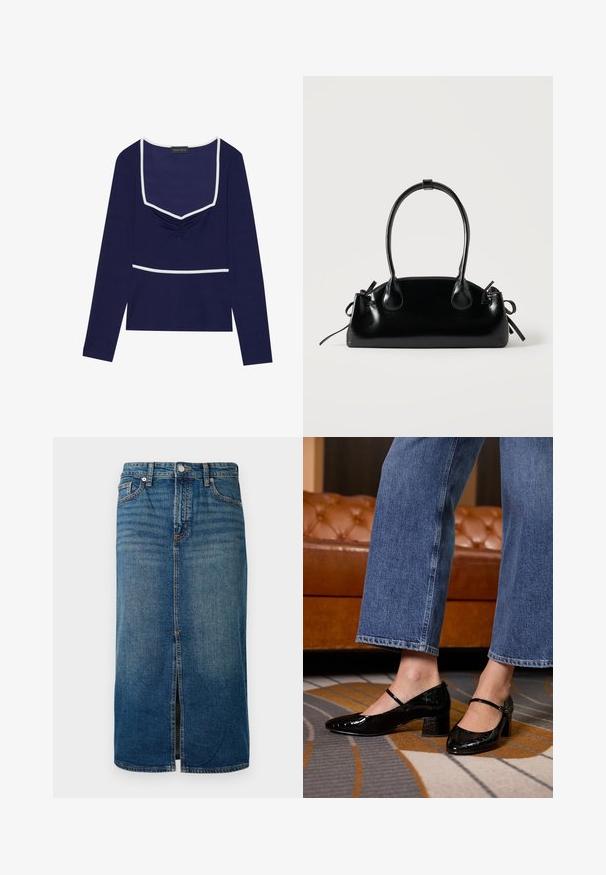 Mørkeblå langærmet top med firkantet udskæring, rynket midte og hvid kant langs halsen og livet; lavet af strækbart stof.; Mørkeblå denim midi-skjørt med en frontslids, fem lommer og kontrastsyning. Har en knap- og lynlåslukning i taljen.; Sorte lakpumps med spids tå, blokhæl og ankelrem, båret med bredbenede denimjeans, på et mønstret tæppe.; Lille sort blank håndtaske med to lange håndtag og snøre-detaljer i siden på en ensfarvet lys baggrund.