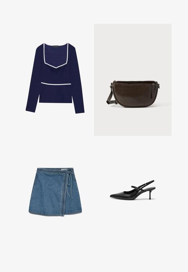 Mørkeblå langærmet top med firkantet udskæring, rynket midte og hvid kant langs halsen og livet; lavet af strækbart stof.; Denim indigo omslagskørt i lys blå med et bånd i taljen, der har en lige pasform og en glat tekstur. Ingen synlige mønstre eller dekorationer.; Sorte læder slingback hæle med spids tå, slank justerbar rem og en stiletto hæl på cirka 5 cm, glat tekstur.; Brun læder crossbody-taske med en afrundet form, der har en lynlås lukning øverst og en sidelomme med lynlås. Glat tekstur med mat finish.