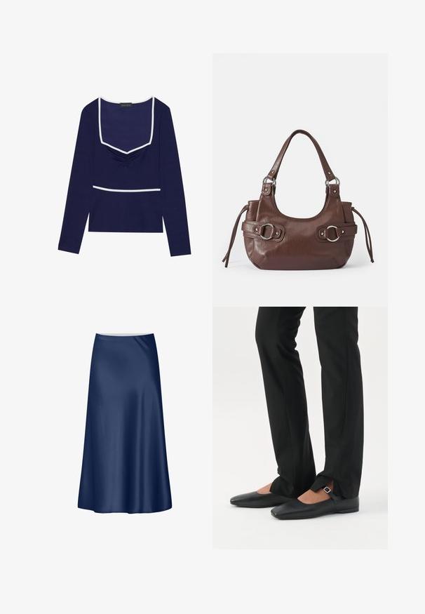 Blusa de manga larga en color azul marino con escote cuadrado, centro fruncido y ribete blanco en el cuello y la cintura; hecha de una tela elástica.; Falda A-line de satén en Navy con una textura suave, un diseño fluido y un corte de longitud media. Presenta una cinturilla limpia sin acentos adicionales.; Piernas con pantalones ajustados negros con aberturas frontales en el dobladillo, combinados con zapatos planos Mary Jane negros con una pequeña correa con hebilla.; Bolso de mano de cuero marrón con forma redondeada, herrajes plateados, dos correas laterales y una textura suave. Cuenta con un asa superior única.