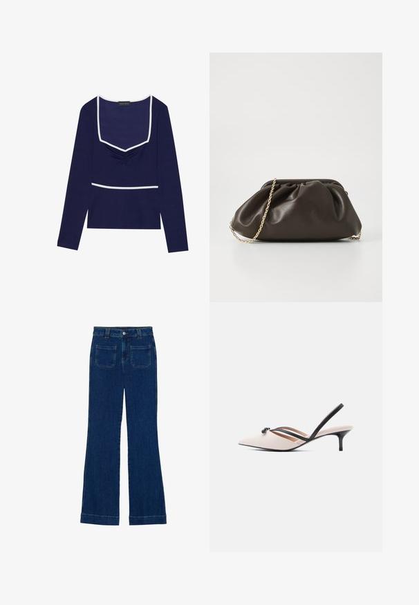 Blusa de manga larga en color azul marino con escote cuadrado, centro fruncido y ribete blanco en el cuello y la cintura; hecha de una tela elástica.; Vaqueros de campana de mezclilla en azul oscuro con una textura suave, diseño de cinco bolsillos y cierre de botón en la cintura.; Zapato de tacón slingback beige con punta puntiaguda, correas negras y un detalle de lazo; cuenta con un tacón de aguja negro y delgado y una superficie de cuero suave.; Bolso de mano de cuero marrón con un diseño fruncido, correa de cadena dorada y un acabado suave y texturizado. Forma compacta adecuada para uso nocturno.