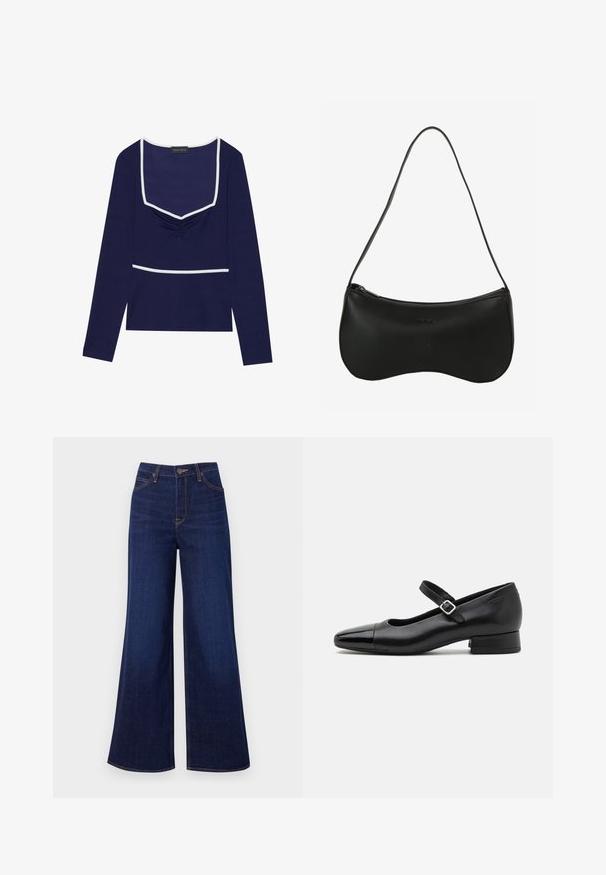 Navy lange mouw top met een vierkante halslijn, geplooid middenstuk en witte rand langs de hals en taille; gemaakt van rekbare stof.; Donkerblauwe wijde jeans van denim, met een hoge taille, vijf zakken en contrasterende oranje stiksels langs de naden.; Zwarte leren Mary Jane schoenen met een gepatenteerde neus, verstelbare enkelband en lage blokhak. Een gladde textuur en een elegante uitstraling.; Zwarte leren schoudertas met een gebogen vorm, ritssluiting en een enkele dunne band; gladde textuur en subtiel geperst logo.