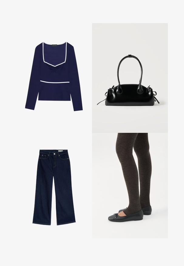 Mørkeblå langærmet top med firkantet udskæring, rynket midte og hvid kant langs halsen og livet; lavet af strækbart stof.; Bredde ben mørkeblå denimjeans med høj talje, fem-lomme design, kobber nitter og kontrasterende gul syninger.; Ben iført mørke ribbede leggings kombineret med sorte balletsko med små sløjfedetaljer på hvid baggrund.; Lille sort blank håndtaske med to lange håndtag og snøre-detaljer i siden på en ensfarvet lys baggrund.