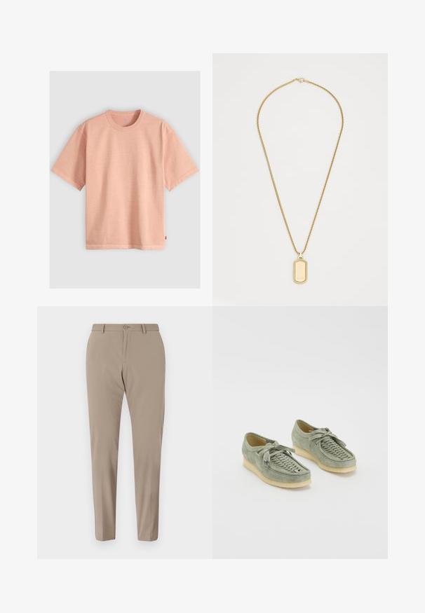 Enkelt lyserød T-shirt med korte ærmer og rund hals, lagt fladt på en lysegrå baggrund.; Beige skræddersyede bukser med en glat tekstur, slim fit og frontknaplukning. Ingen synlige mønstre eller udsmykninger.; Grønne ruskindssko med vævet detaljer på overdelen, snørelukning og kvastdetaljer. Kræmfarget gummisål.; Guldtonet kædahalskæde med en rektangulær hundetagsvedhæng med en struktureret overflade og logodetalje, sat mod en hvid baggrund.