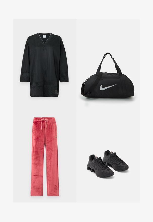 Camiseta negra de manga corta de Nike con cuello en V, que presenta costillas verticales, acentos cosidos y un logo en el pecho izquierdo. Tela ligera.; Pantalones anchos de terciopelo rojo con cintura ajustable mediante cordón y pequeño logo de Nike en forma de Swoosh en el muslo izquierdo, mostrados sobre un fondo liso.; Zapatillas deportivas negras con una parte superior sintética lisa, acentos texturizados, diseño de cordones y amortiguación de resorte visible en el talón.; Bolsa de deporte negra con un acabado de tela suave. Presenta un prominente logo reflectante de Nike y asas cortas, con una correa de hombro ajustable.