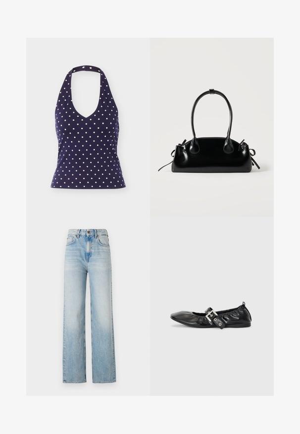 Top halter azul marino con lunares blancos, escote en V y cintura ajustada, presentado sobre un fondo liso.; Jeans de pierna ancha de color azul claro, elaborados en denim, con una cintura alta, ligero desvanecimiento y un diseño tradicional de cinco bolsillos con costuras en contraste.; Zapato plano de piel negra con puntera afilada, detalle fruncido alrededor de la abertura y un acento de hebilla plateada en la correa ajustable.; Pequeño bolso negro brillante con dos asas largas y detalles de cordón lateral sobre un fondo claro liso.