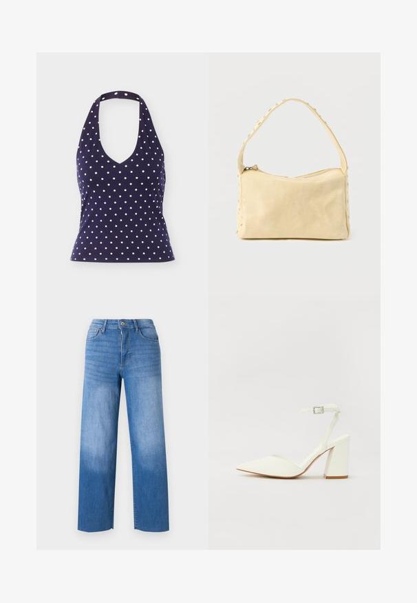 Top halter azul marino con lunares blancos, escote en V y cintura ajustada, presentado sobre un fondo liso.; Jeans de denim azul claro con corte de pierna ancha, que cuentan con cinco bolsillos, cremallera y un ligero desgaste en los muslos. Bordes con acabado limpio.; Sandalia blanca de tacón con puntera afilada, correa ajustable en el tobillo y un tacón cuadrado grueso. Textura lisa con detalles de costura mínimos.; Pequeño bolso de cuero beige con una sola correa y tachuelas plateadas a lo largo de los bordes y la correa, sobre un fondo liso.