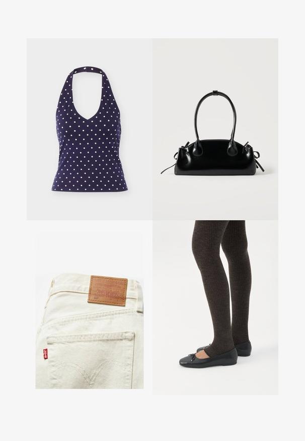 Marineblå haltertop med hvide polkaprikker, V-udskæring og tætsiddende talje, vist mod en ensfarvet baggrund.; Beige denimjeans med et lædermærke, der har "Levi Strauss & Co." og det ikoniske røde mærke. Tydelig kulørt syning på baglommen.; Ben iført mørke ribbede leggings kombineret med sorte balletsko med små sløjfedetaljer på hvid baggrund.; Lille sort blank håndtaske med to lange håndtag og snøre-detaljer i siden på en ensfarvet lys baggrund.