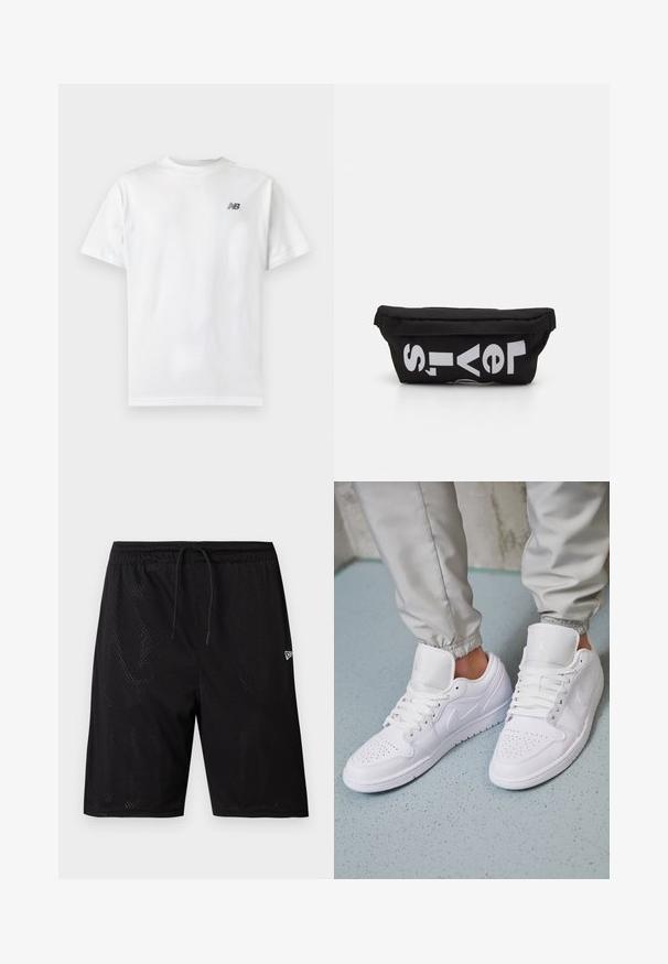 Weißes T-Shirt mit kurzen Ärmeln und Rundhalsausschnitt mit kleinem schwarzem New Balance-Logo auf der oberen linken Brust auf einem einfarbigen hellen Hintergrund.; Schwarze Mesh-Sportshorts mit einem elastischen Bund und Kordelzug, ausgestattet mit einer perforierten Textur und einem kleinen weißen Logo auf der unteren rechten Seite.; Weiße Ledersneaker mit perforierter Zehenbox, flachen Schnürsenkeln, gepolstertem Kragen und dem Jordan-Logo auf der Zunge. Getragen mit grauen Jogginghosen.; Schwarze Stofftasche mit flacher Form, mit fettgedrucktem weißen Text. Der Reißverschluss befindet sich oben, mit einer Schlaufe an einer Seite.
