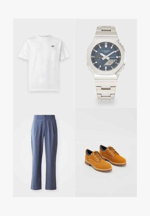 T-shirt blanc à manches courtes et col rond avec un petit logo noir New Balance sur la partie supérieure gauche de la poitrine, sur un fond clair uni.; Pantalon bleu marine avec plis, coupe droite, en tissu léger, avec une fermeture à un bouton à l'avant et des passants de ceinture.; Chaussures en daim marron avec un bout rond, des lacets jaunes, un col rembourré noir et des semelles en caoutchouc avec des rainures de traction.; Montre Casio G-Shock en acier inoxydable argenté avec un cadran bleu foncé, des index lumineux, un affichage numérique et un design robuste. Résistante à l'eau jusqu'à 20 bars.