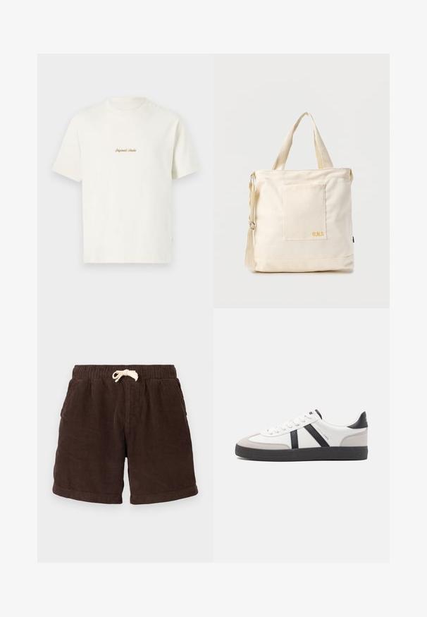 Cremefarvet bomulds T-shirt med korte ærmer, rund hals og broderet "Original Studio" logo i guld på brystet. Blød tekstur.; Brune kordfløjsshorts med elastisk talje, snorlukning og sidelommer. Stoffet har vertikale ribber og en tekstureret overflade.; Hvide sneakers med sorte og grå detaljer, med en tekstureret grå tåhætte, sort gummisål og flade hvide snørebånd. Rent design, minimalistisk stil.; Kremfarvet lærredstote-taske med frontlomme, to håndtag, justerbar skulderrem og lille gul "O.N.S" tekst i nederste højre hjørne af lommen.