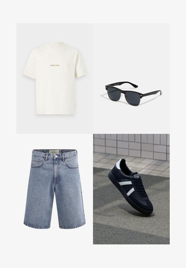 Cremefarvet bomulds T-shirt med korte ærmer, rund hals og broderet "Original Studio" logo i guld på brystet. Blød tekstur.; Lyseblå denimshorts med forlommer, bæltestropper, knaplukning og en mærkat inde i taljebåndet med teksten "REBEL."; Sort lædersneaker med hvide striber, tekstureret gummisål og snørrebånd foran. Har et brandet mærke på tungen.; Sorte solbriller med rektangulær form, mørke linser, sølvdetaljer ved tindingerne og en mat finish på stellet.