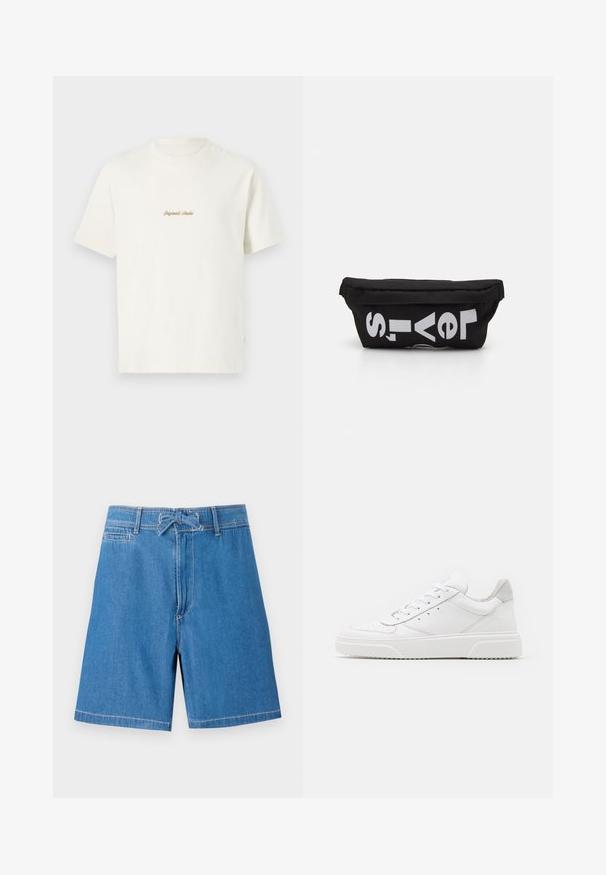 T-shirt en coton crème avec manches courtes, col rond et logo brodé "Original Studio" en doré sur la poitrine. Texture douce.; Shorts en denim bleu clair avec une taille élastique à cordon de serrage, poches avant et coutures contrastées. Design classique, coupe au genou.; Des baskets en cuir blanc avec une finition lisse, un bout rond, des lacets plats et une semelle texturée. Accents en daim gris au niveau du talon.; Sac en tissu noir de forme plate, avec un texte blanc en gras. La fermeture éclair est située en haut, avec un détail en boucle sur un côté.