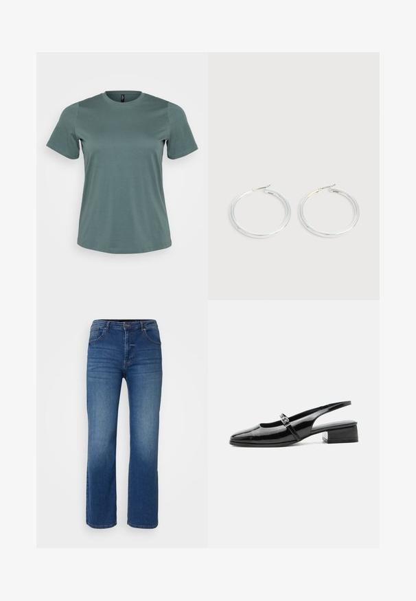 Camiseta de manga corta en verde apagado, con escote redondo, hecha de una suave mezcla de algodón, que presenta una textura lisa y un corte relajado.; Jeans de mezclilla azul oscuro con un diseño de pierna recta, estilo de cinco bolsillos y cierre de botón y cremallera. Textura suave con un desvanecimiento mínimo.; Zapato slingback de charol negro con tacón bajo y grueso y una fina correa con hebilla de plata en la parte superior.; Pareja de pendientes de aro plateados brillantes con cierres de alambre delgado, mostrados sobre un fondo gris claro.