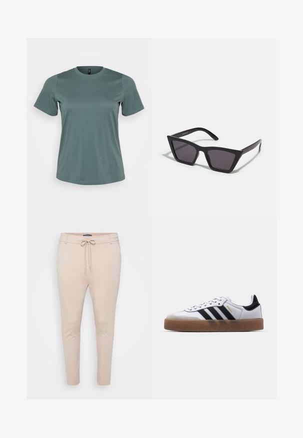 Kurzärmliges T-Shirt in gedämpftem Grün, runder Ausschnitt, aus einem weichen Baumwoll-Mix, mit glatter Textur und lockerer Passform.; Beige, leichte Jogginghose mit einer Kordelzugbundweite und zwei seitlichen Taschen. Glatte Textur, schmal zulaufende Beine und minimale Nahtdetails.; Weiße Leder Sneakers mit schwarzen Streifen, Gummigummi-Außensohle, runder Zehenform, Schnürverschluss und weichem grauem Wildleder-Zehenkappe.; Schwarze, eckige Sonnenbrille mit grauen Gläsern; aus Kunststoff gefertigt, mit dicken Bügeln, die eine glatte Oberfläche und keine sichtbaren Beschläge haben.