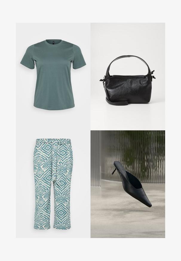 Kurzärmliges T-Shirt in gedämpftem Grün, runder Ausschnitt, aus einem weichen Baumwoll-Mix, mit glatter Textur und lockerer Passform.; Leichte, cropped Hosen mit einem geometrischen blau-weißen Muster, ausgestattet mit einem gebundenen Taillenbund und glattem Textil.; Schwarzer spitzer Mule-Schuh mit dünnem hohen Absatz, der über einem glatten Betonboden schwebt, mit einem unscharfen vertikal gestreiften Hintergrund.; Schwarze Lederhandtasche mit strukturiertem Design, rundem Haltegriff und abnehmbarem Schulterriemen. Sie weist eine glatte Oberfläche und einen subtilen Glanz auf.