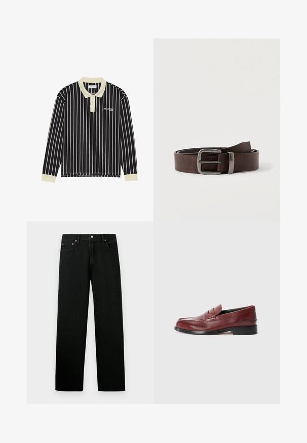 Polo à manches longues avec des rayures verticales bleu marine et crème, un col crème, une patte de boutonnage à trois boutons, et un logo brodé sur la poitrine gauche.; Jeans en denim noir avec une coupe droite, dotés d'un design à cinq poches, de quincaillerie en cuivre et d'une texture douce.; Mocassin en cuir bordeaux avec une finition lisse, des coutures décoratives et un bout arrondi. Il présente un petit talon noir.; Ceinture en cuir marron foncé avec une boucle rectangulaire en argent, enroulée et placée sur un fond clair et neutre.