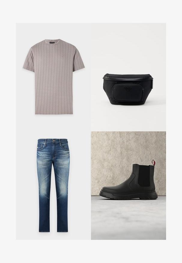 Béžové tričko s krátkym rukávom s jemným károvaným vzorom a malým vyšitým logom na ľavej strane hrudníka.; Modré džínsové nohavice s vyblednutými detailmi na stehnách a kolenách, klasický päťvreckový štýl a rovný strih nohavíc.; Čierne členkové topánky s hladkým povrchom, elastickými bočnými panelmi a kontrastným červeným poutkom, vybavené hrubou gumovou podrážkou a zaoblenou špičkou.; Čierna nylonová taška s prednou zipsovou kapsou, s hladkým povrchom a akcentom loga. Štruktúrovaný dizajn s prehnutým vrchom.