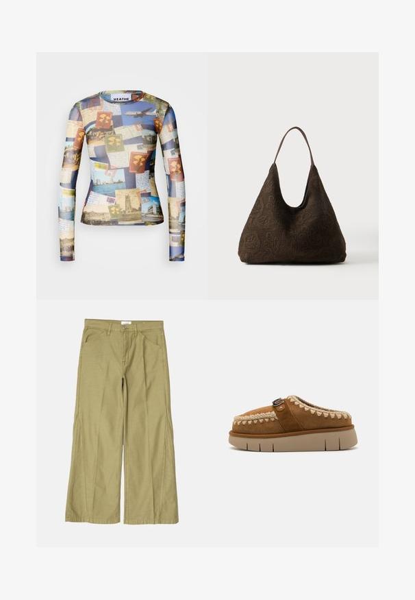 Chemise à manches longues, présentant un collage de cartes postales et de timbres vintage dans des tons de bleu, beige et vert ; tissu lisse et léger.; Pantalons larges en coton vert olive clair, avec une fermeture éclair, des poches avant et des coutures décoratives le long des coutures.; Chaussure en suede marron à enfiler avec des coutures décoratives, une semelle chunky beige et une sangle avec une boucles en métal. Présente un dessus texturé.; Sac à épaule marron foncé avec un motif crochet floral texturé et une sangle fine unique sur un fond uni.