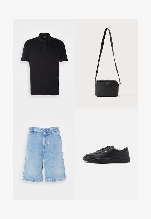 Polo negro de algodón, con un collar clásico, dos botones y un logo bordado en el pecho. Mangas cortas.; Shorts de mezclilla azul claro con corte recto, que cuentan con cinco bolsillos, cierre frontal con botón y un ligero desgaste en la tela.; Zapatillas de cuero negro con una textura suave, punta redondeada, suela plana de goma y cordones a tono. Presentan el logotipo dorado "BOSS" en el lateral.; Bolso bandolera rectangular negro con correa ajustable y logo BOSS en la parte delantera, sobre un fondo claro liso.