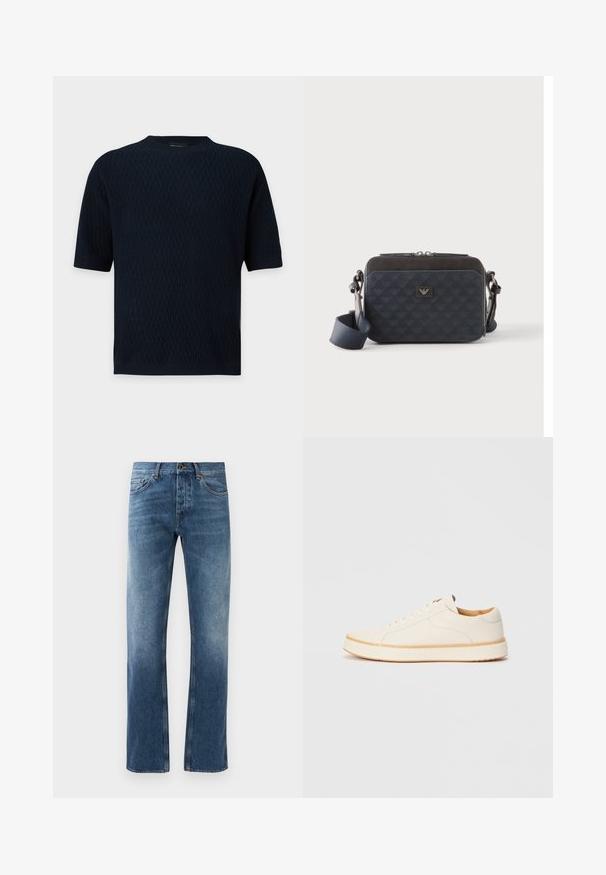 Mørk navyblå kortærmet striktop med tekstureret zigzag-mønster og ribbet rund halsudskæring, manchetter og kant.; Blå denim jeans med lige ben design, falmede vask, fem lommer og kontrastsyning. Knap- og lynlås-lukning i taljen.; Hvide lædersneakers med rund tå, enkel snørelukning, polstret indersål og en kontrasterende tan gummisål. Glat tekstur hele vejen igennem.; Rektangulær mørkeblå crossbody-taske med justerbar rem, lynlåslukning og diskret logomønster på frontpanelet.