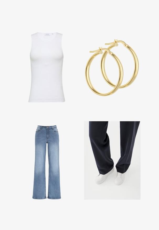 Witte mouwloze tanktop van ribbelstof. Heeft een ronde halslijn en een gladde textuur, met een aansluitende pasvorm.; Lichtblauwe wijde spijkerbroek van denim. Voorzien van een knoopsluiting, vijf zakken en stiksels. Gladde textuur met een lichte vervaging.; Witte sneakers met gestructureerde rubberen zolen en platte veters, gecombineerd met donkerblauwe broeken die een losse, soepele stof en een getailleerde pasvorm laten zien.; Gouden hoopoorbellen met een gladde, glanzende afwerking; cirkelvormig; scharnieren en sluiting zichtbaar; lichtgewicht ontwerp geschikt voor dagelijks gebruik.