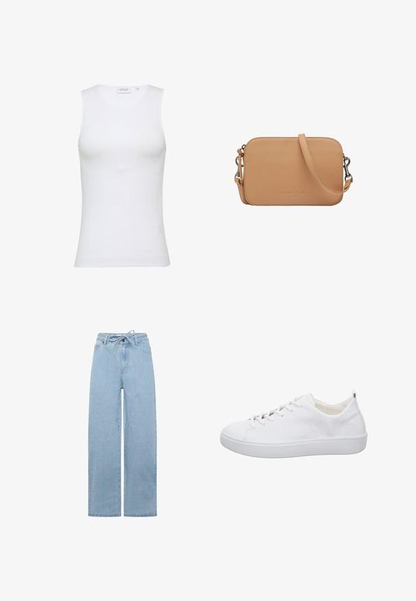 Witte mouwloze tanktop van ribbelstof. Heeft een ronde halslijn en een gladde textuur, met een aansluitende pasvorm.; Lichtblauwe wijdvallende jeans gemaakt van denim, met een drawstring taille en een standaard vijfzakken ontwerp. De stof heeft een soepel textuur.; Witte leren sneakers met een gladde textuur, ronde neus en platte rubberen zool. Voorzien van zes oogjes voor veters en een minimalistisch ontwerp.; Tan rechthoekige leren crossbodytas met verstelbare riem en zilveren gespen, voorzien van een klein merknaam reliëf in het midden van de voorkant.