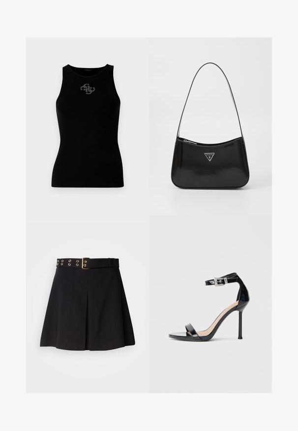 Schwarzes geripptes Tanktop mit rundem Halsausschnitt und einem mit silbernen Nieten verzierten Logo auf der Vorderseite. Weicher, elastischer Stoff.; Schwarzer plissierter Rock mit einem breiten Gürtel, der goldene Metallbeschläge und Ösen-Details aufweist, aus glattem Stoff gefertigt und für eine taillierte Passform konzipiert.; Schwarzer Riemchensandale aus Lackleder mit hohem Absatz und Knöchelriemen. Verfügt über ein minimalistisches Design, offene Zehenpartie und eine Schnalle mit Strassakzenten.; Schwarze patentierte Leder-Schultertasche mit geschwungener Form, ausgestattet mit einem silbernen Dreieckslogo und einem Reißverschluss. Glatte Textur und schmaler Riemen.
