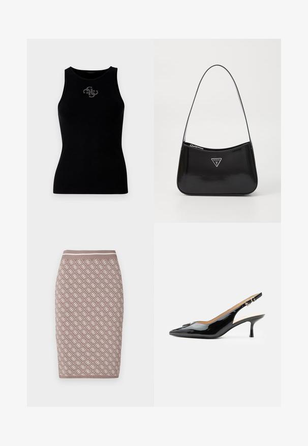 Sort ribbet tank top med rund udskæring og et logo prydet med sølvfarvede nitter på forsiden. Blødt, strækbart stof.; Strikket blyantskirt i lys brun med et mønster i creme, forsynet med en ribbet talje, der har en kontrastlinje. Glat tekstur.; Sort patentlæder slingback hæl med spids tå, lille kitten hæl og sølvspænde på en ensartet hvid baggrund.; Sort patenteret læder skuldertaske med en buet form, prydet med et sølvfarvet trekantet logo og en lynlås-lukning. Glat tekstur og slank rem.