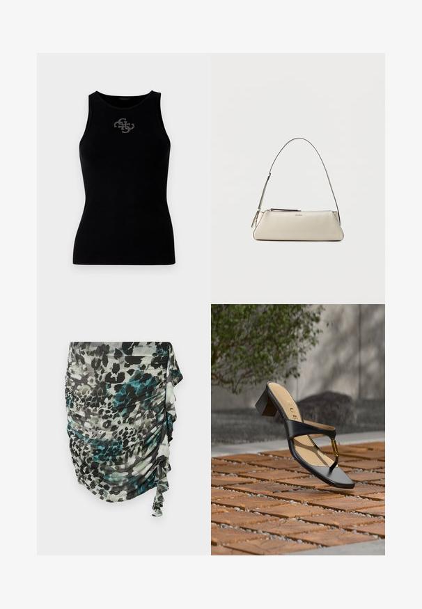 Top de tirantes negro con canalé que presenta un escote redondo y un logo adornado con tachuelas plateadas en la parte delantera. Tela suave y elástica.; Falda ligera con frunces en tonos de verde, negro y gris, con un estampado de leopardo y detalles de volantes a lo largo del costado.; Sandalia negra de tacón con lazo para el dedo y acento dorado, colocada sobre una superficie pavimentada de madera y piedra al aire libre cerca de vegetación.; Pequeño bolso de hombro de cuero beige con una correa fina y cierre de cremallera, con un logo metálico discreto en el centro del frente.